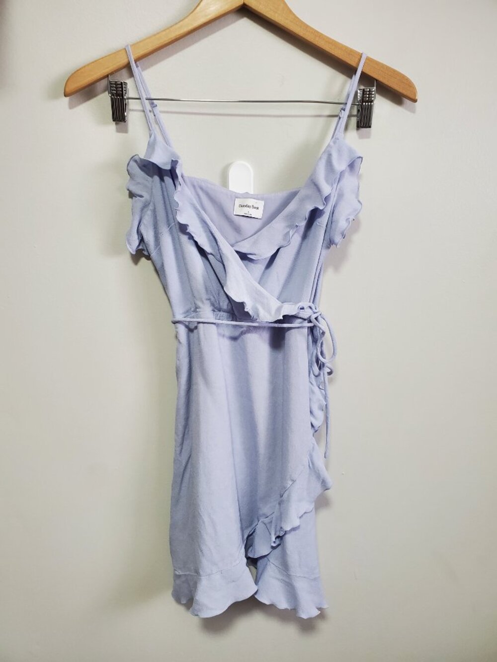SUNDAY BEST Countess Dress Ruffle Faux Wrap Aritzia Light Blue Women's Small - Picture 2 of 15